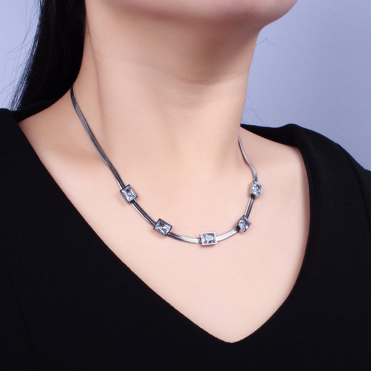 Stainless Steel Clear Baguette CZ 3mm Snake Herringbone 16 Inch Geometric Necklace | WA-1713 Clearance Pricing