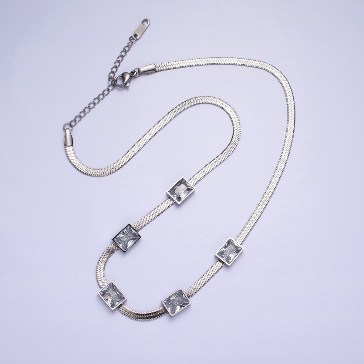 Stainless Steel Clear Baguette CZ 3mm Snake Herringbone 16 Inch Geometric Necklace | WA-1713 Clearance Pricing
