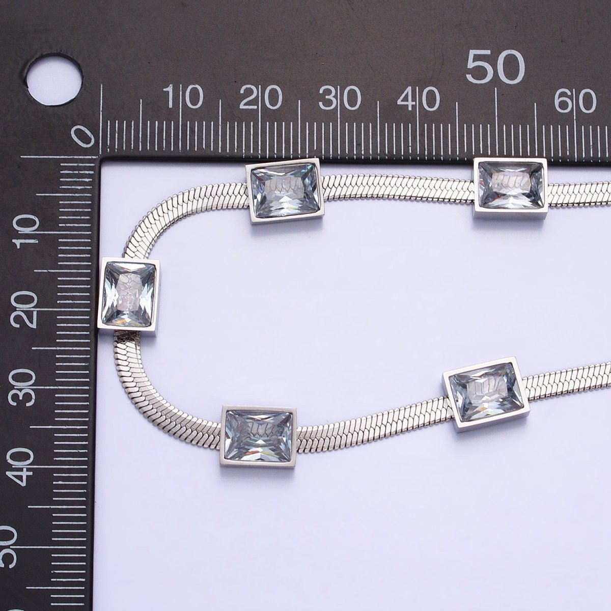 Stainless Steel Clear Baguette CZ 3mm Snake Herringbone 16 Inch Geometric Necklace | WA-1713 Clearance Pricing