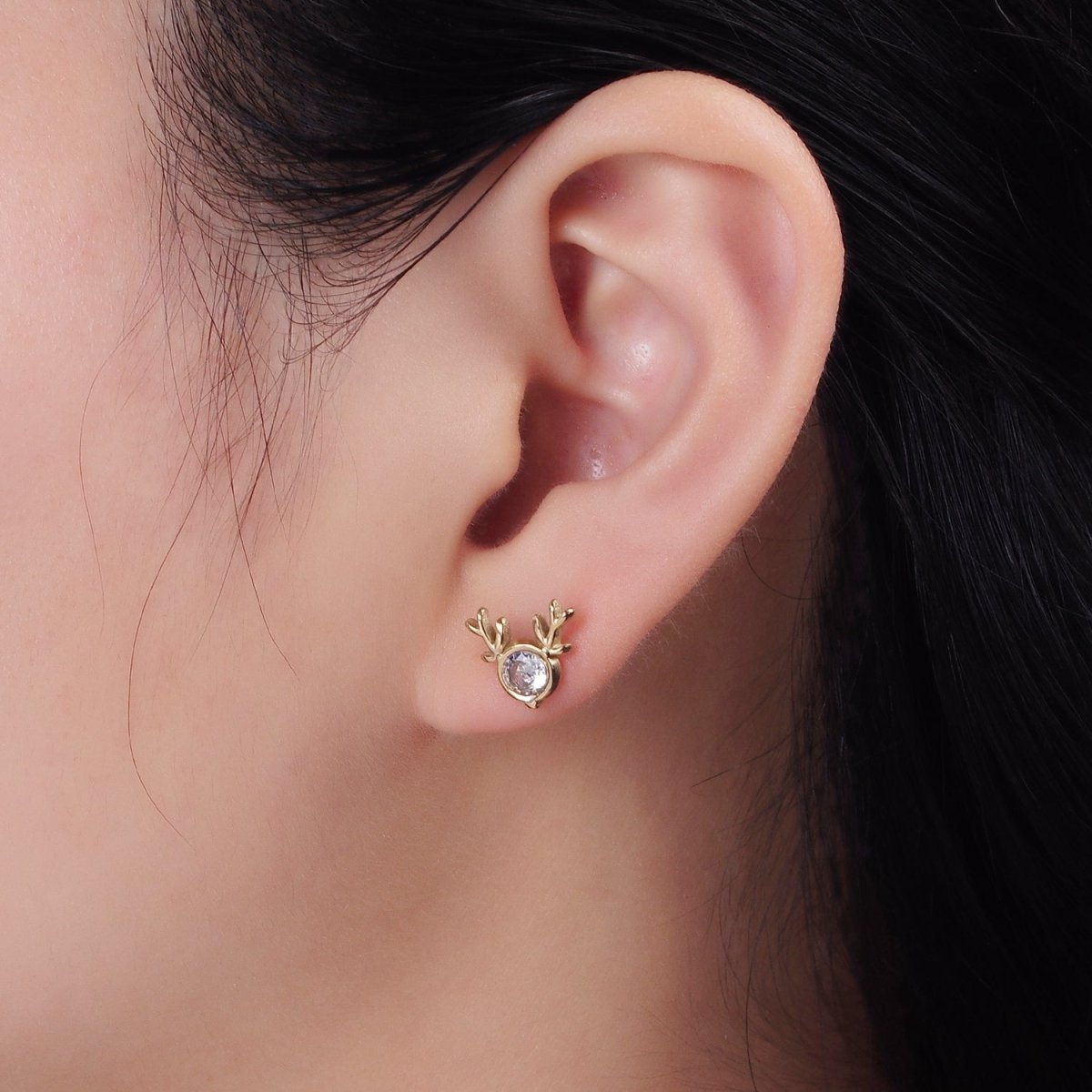 Stainless Steel Clear CZ Animal Reindeer Horn Stud Earrings | AE717