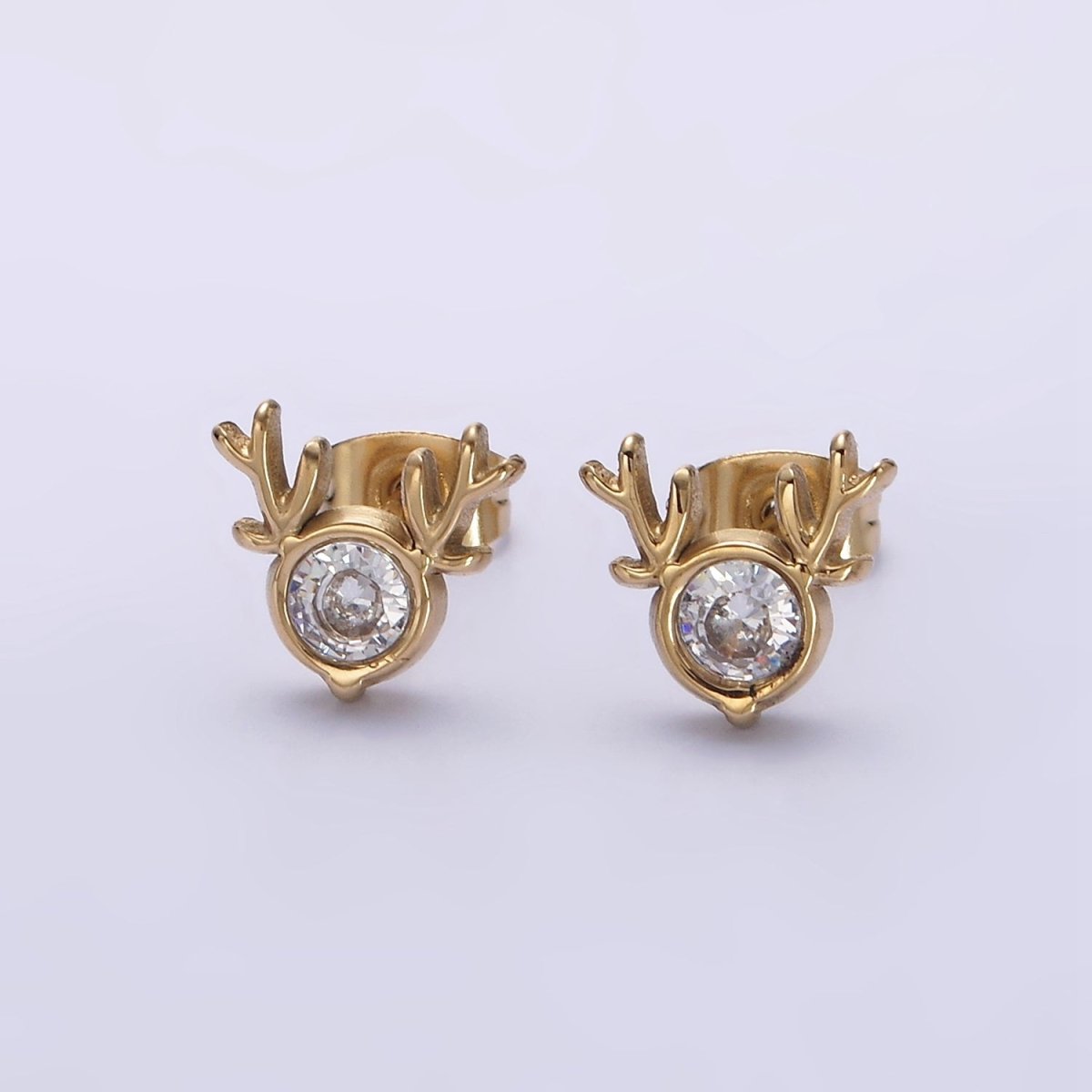 Stainless Steel Clear CZ Animal Reindeer Horn Stud Earrings | AE717