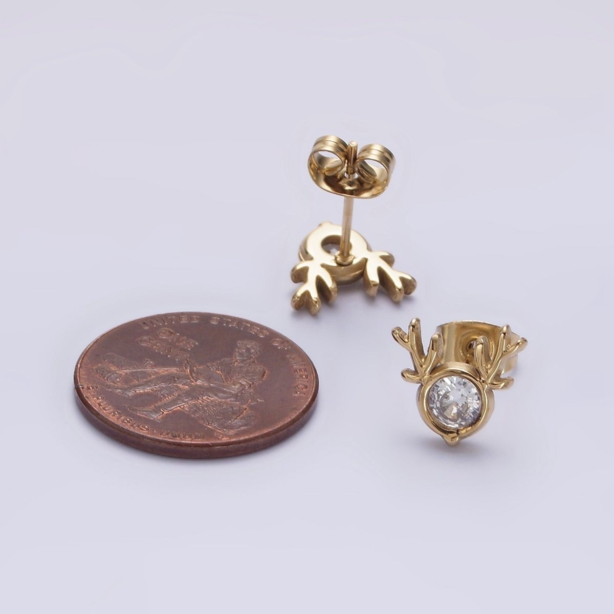 Stainless Steel Clear CZ Animal Reindeer Horn Stud Earrings | AE717