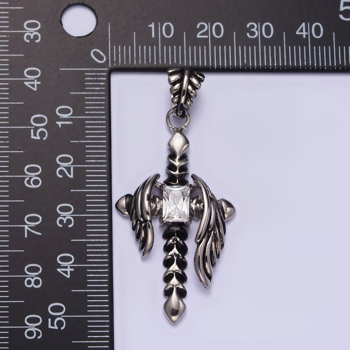 Stainless Steel Clear CZ Baguette Arrow Passion Cross Feather Wings Pendant | P-812