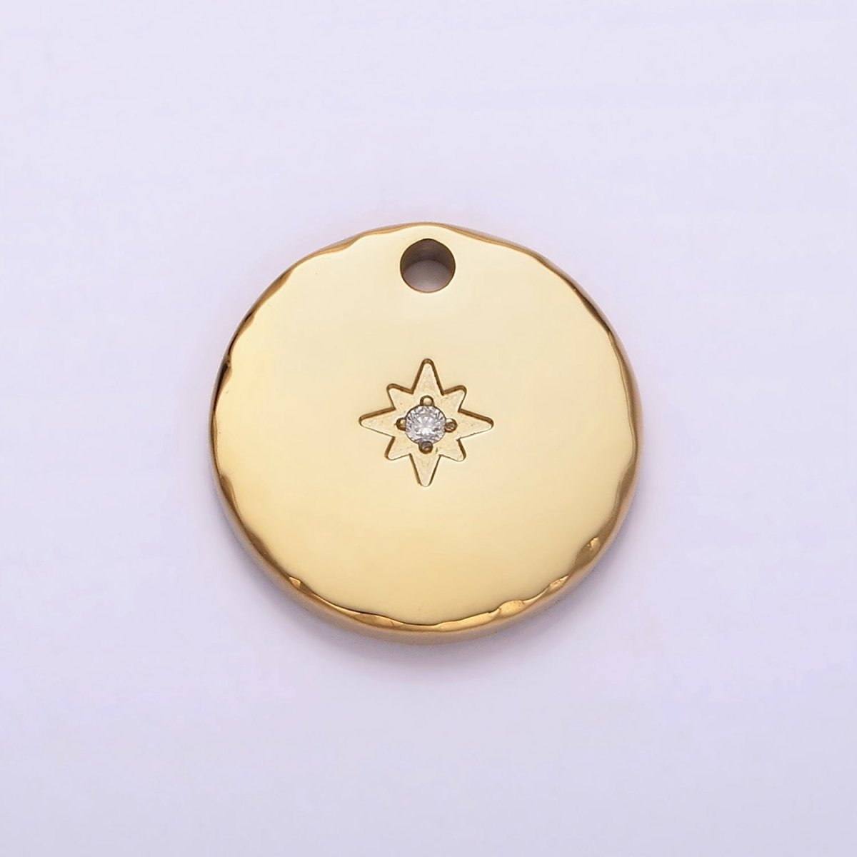 Stainless Steel Clear CZ Celestial North Star 15.5mm Round Coin Gold Charm | P1287
