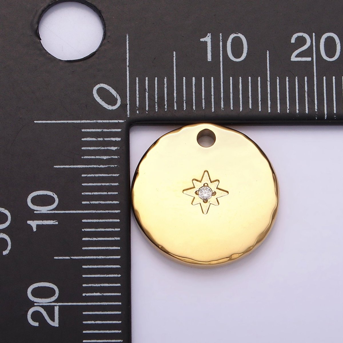 Stainless Steel Clear CZ Celestial North Star 15.5mm Round Coin Gold Charm | P1287