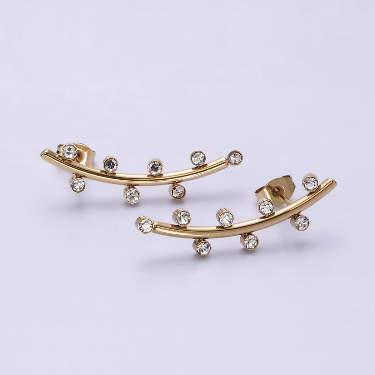 Stainless Steel Clear CZ Dotted Curved Band Stud Earrings in Gold & Silver | AE869 AE870