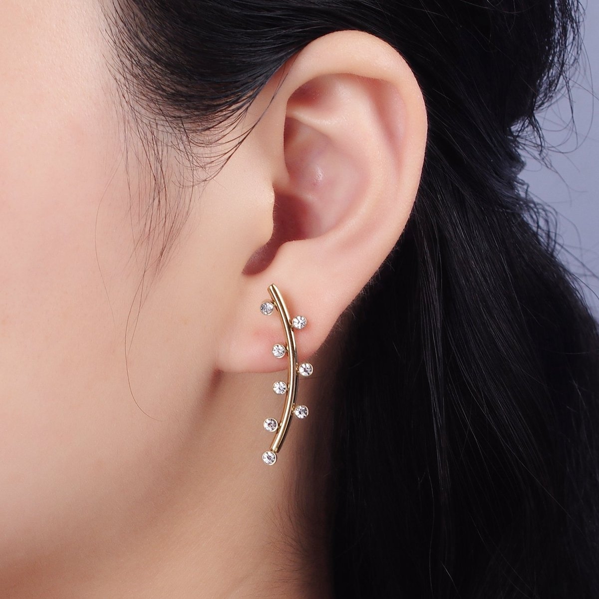 Stainless Steel Clear CZ Dotted Curved Band Stud Earrings in Gold & Silver | AE869 AE870