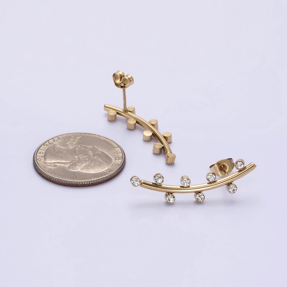 Stainless Steel Clear CZ Dotted Curved Band Stud Earrings in Gold & Silver | AE869 AE870