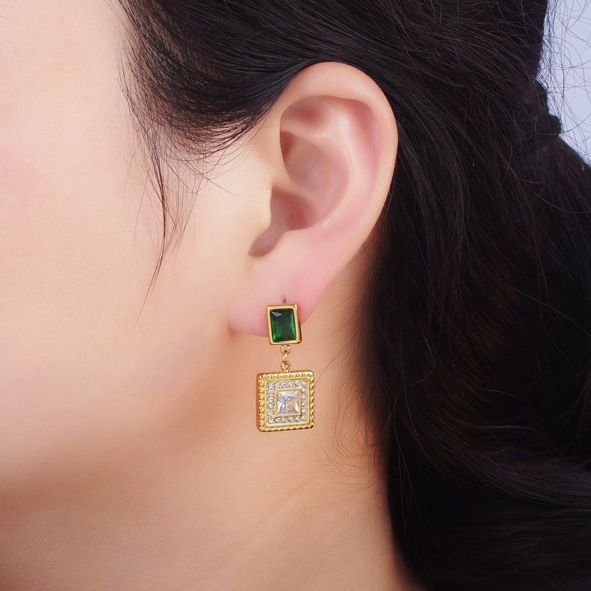 Stainless Steel Clear CZ Micro Paved Dotted Square Green Baguette Drop Stud Earrings | AE455