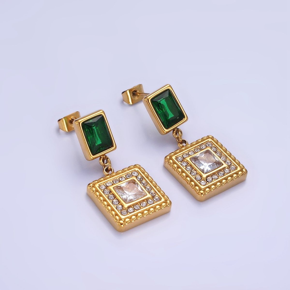 Stainless Steel Clear CZ Micro Paved Dotted Square Green Baguette Drop Stud Earrings | AE455