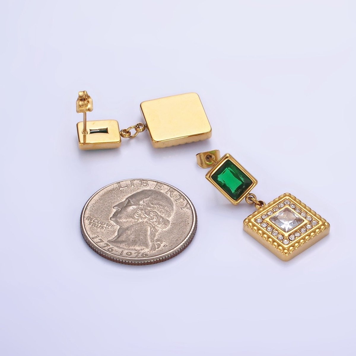 Stainless Steel Clear CZ Micro Paved Dotted Square Green Baguette Drop Stud Earrings | AE455