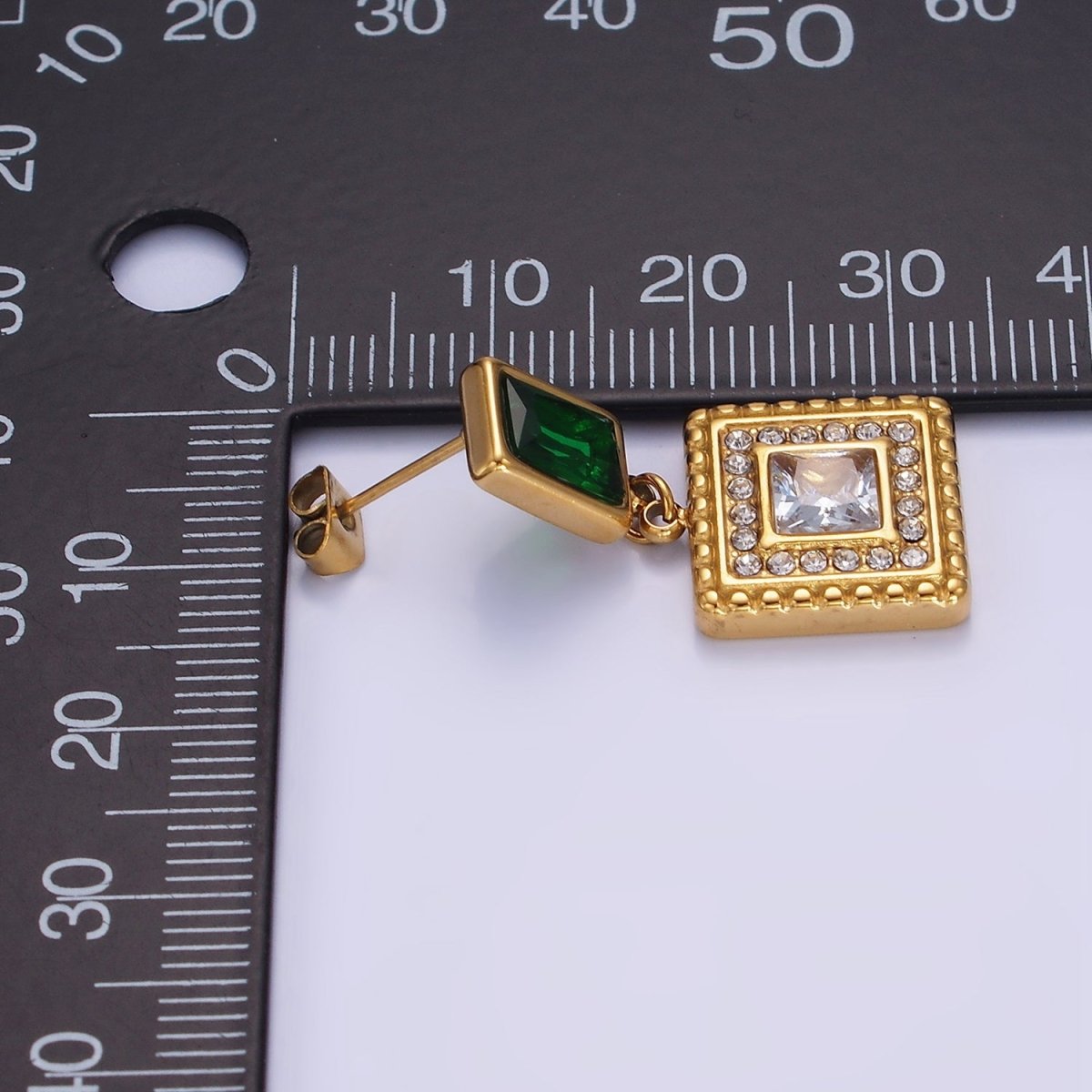 Stainless Steel Clear CZ Micro Paved Dotted Square Green Baguette Drop Stud Earrings | AE455