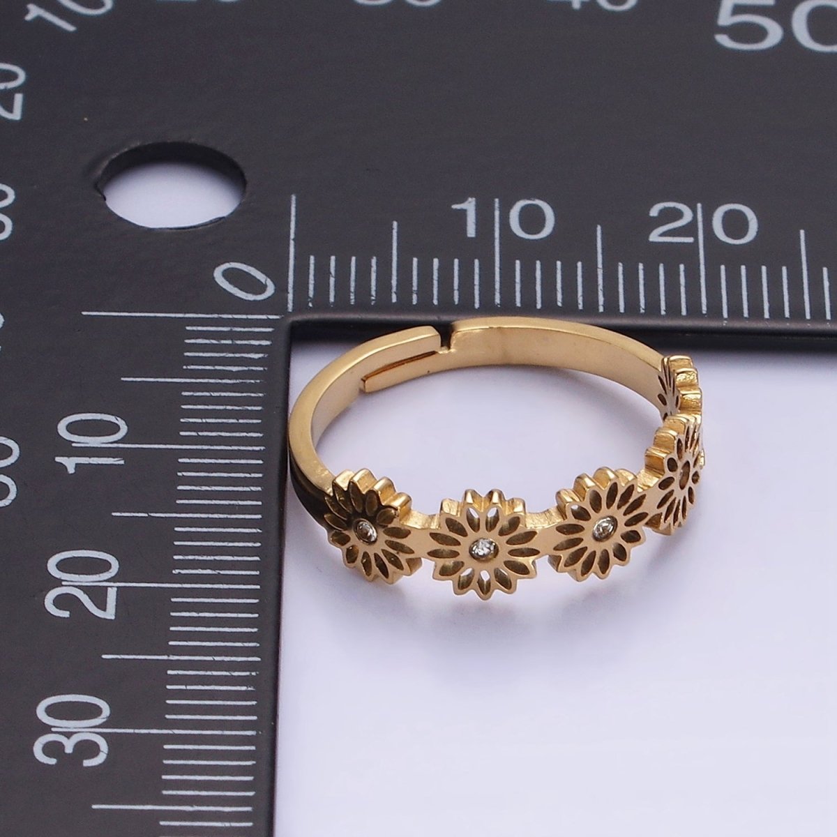 Stainless Steel Clear CZ Open Flower Nature Outlined Adjustable Ring | O1283
