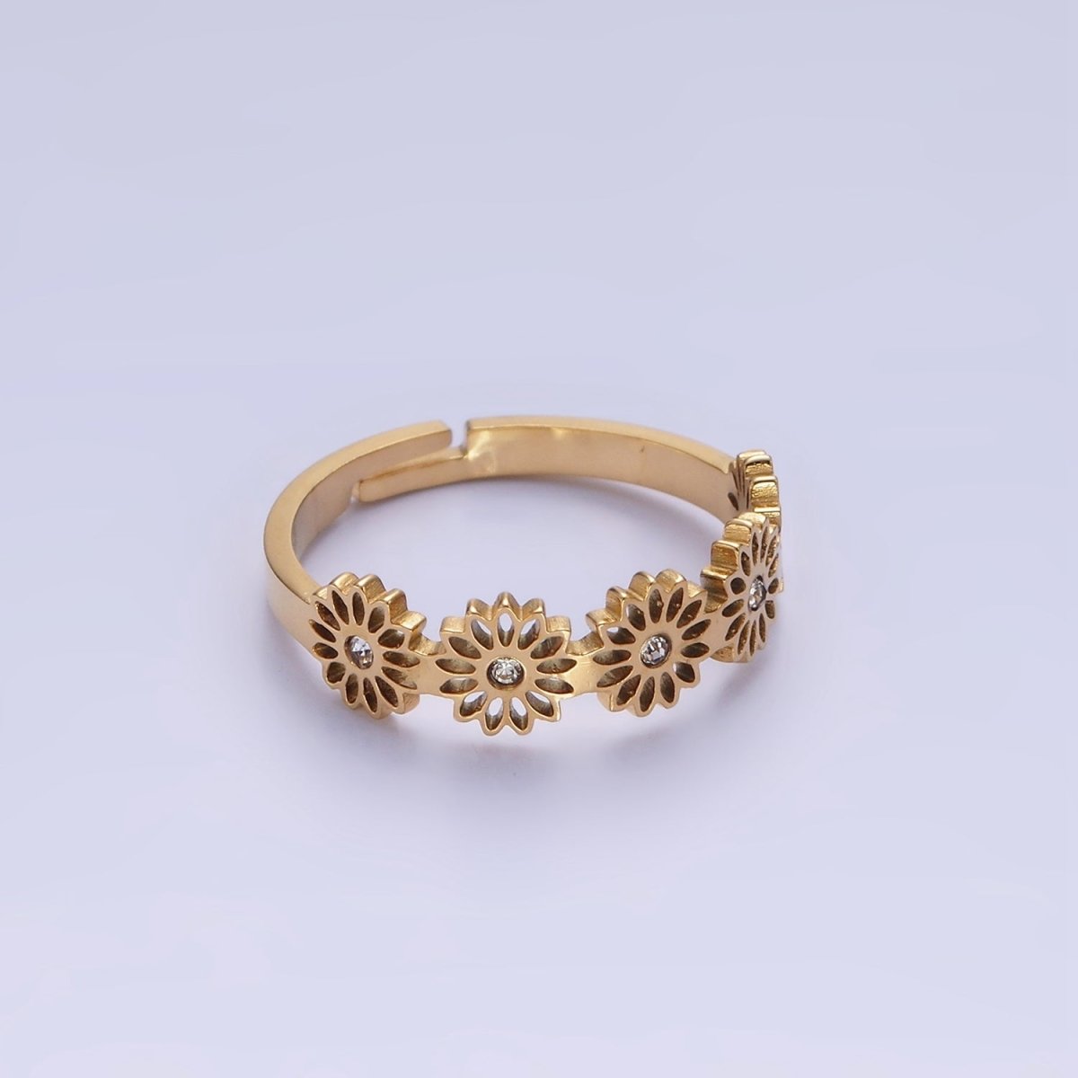 Stainless Steel Clear CZ Open Flower Nature Outlined Adjustable Ring | O1283