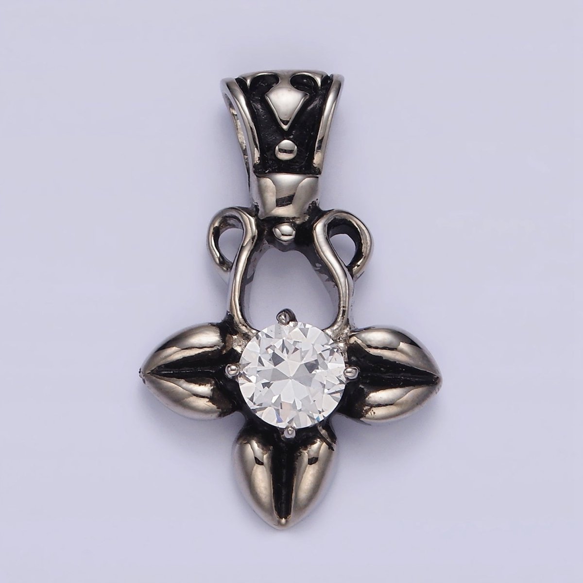 Stainless Steel Clear CZ Round Geometric Flower Petal Open Passion Cross Bail Pendant | P-810