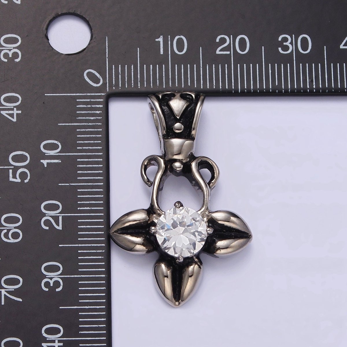Stainless Steel Clear CZ Round Geometric Flower Petal Open Passion Cross Bail Pendant | P-810