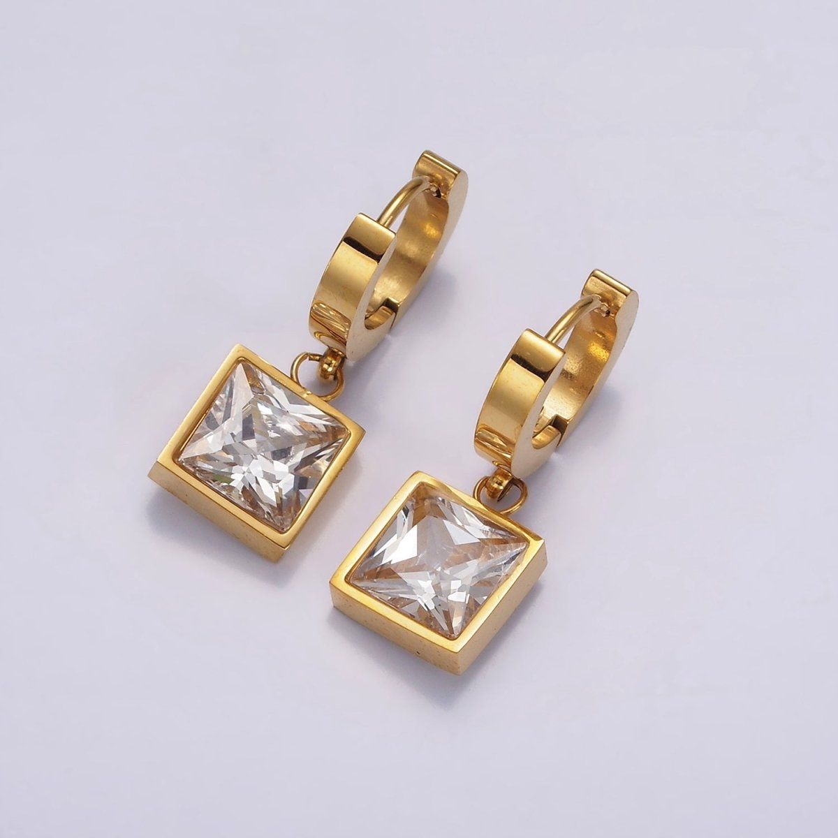 Stainless Steel Clear CZ Square Drop Huggie Earrings in Gold & Silver | AE397 AE398