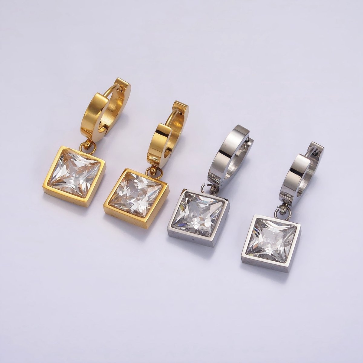 Stainless Steel Clear CZ Square Drop Huggie Earrings in Gold & Silver | AE397 AE398