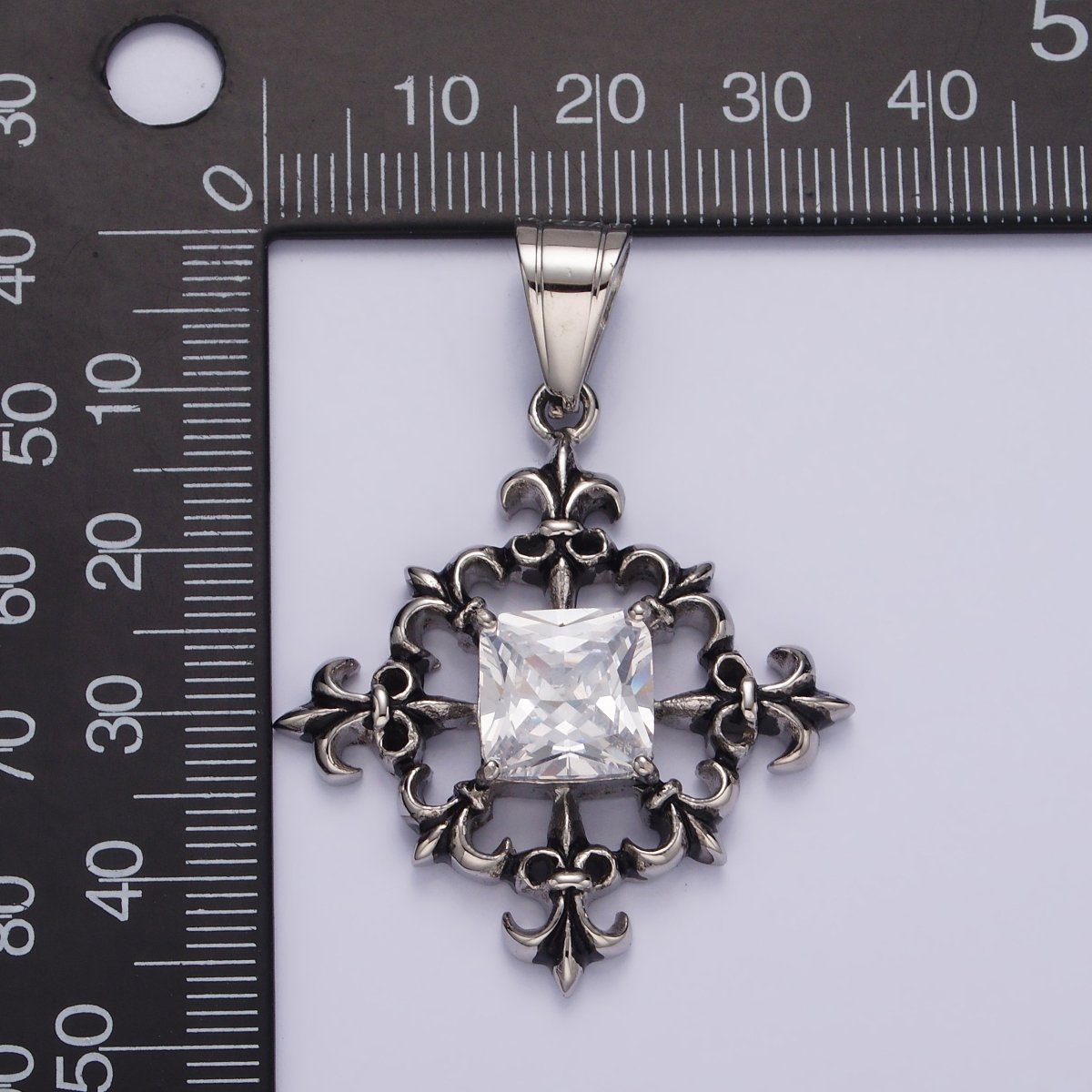 Stainless Steel Clear CZ Square Multiple Fleur De Lis Open Round Compass Pendant | P-829
