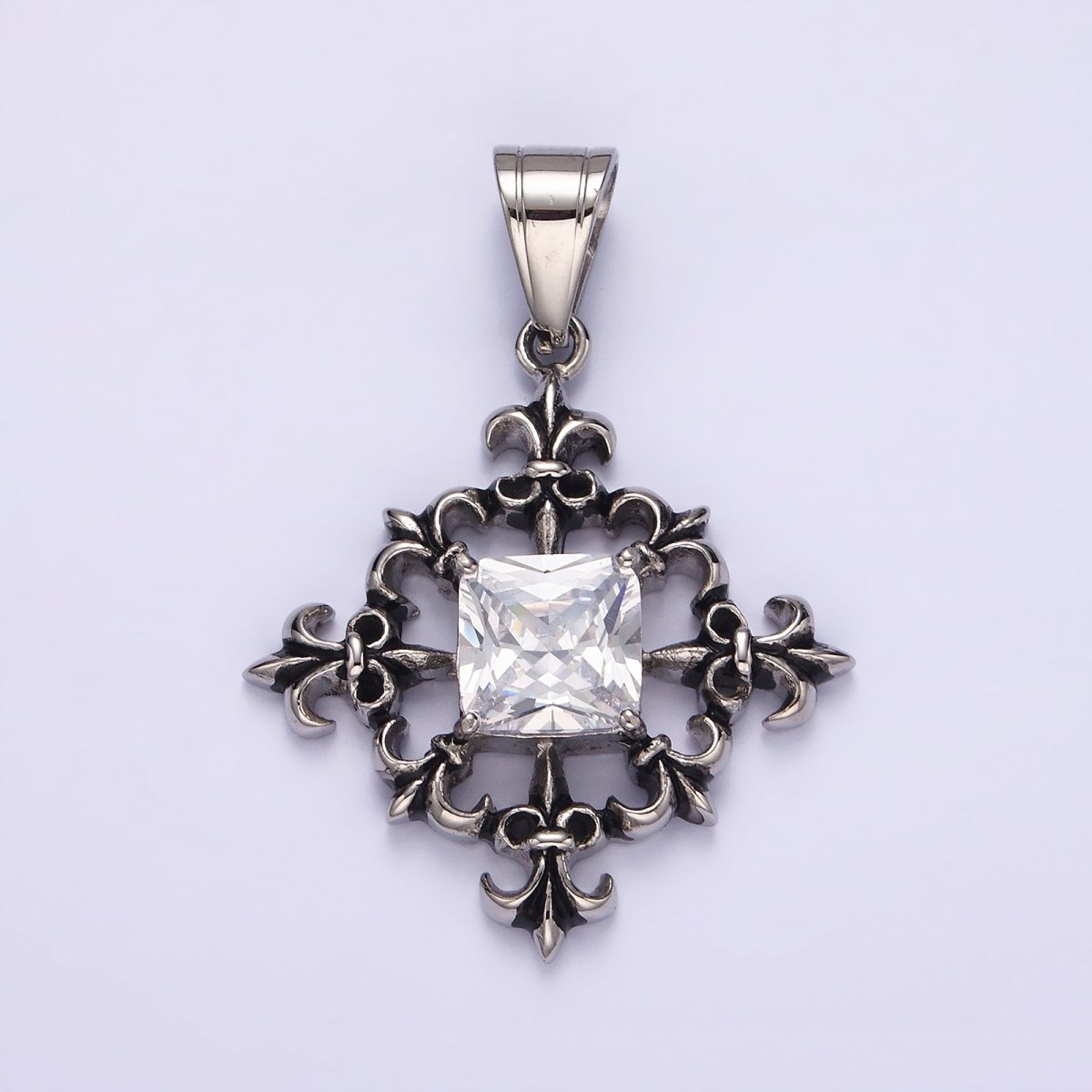 Stainless Steel Clear CZ Square Multiple Fleur De Lis Open Round Compass Pendant | P-829