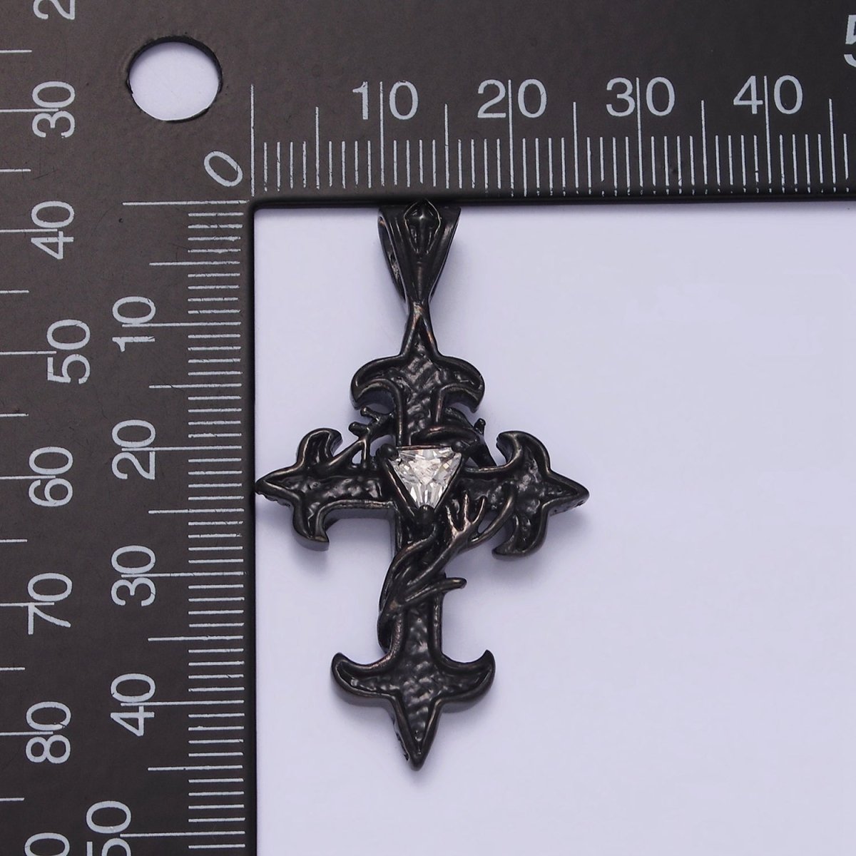 Stainless Steel Clear CZ Triangle Vine Wrapped Sharp Fleury Cross Black Pendant | P-809
