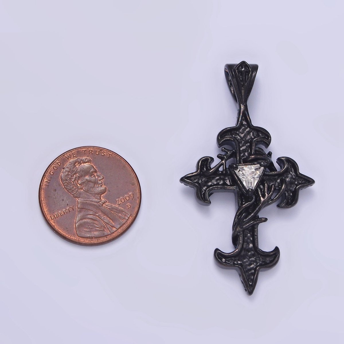Stainless Steel Clear CZ Triangle Vine Wrapped Sharp Fleury Cross Black Pendant | P-809