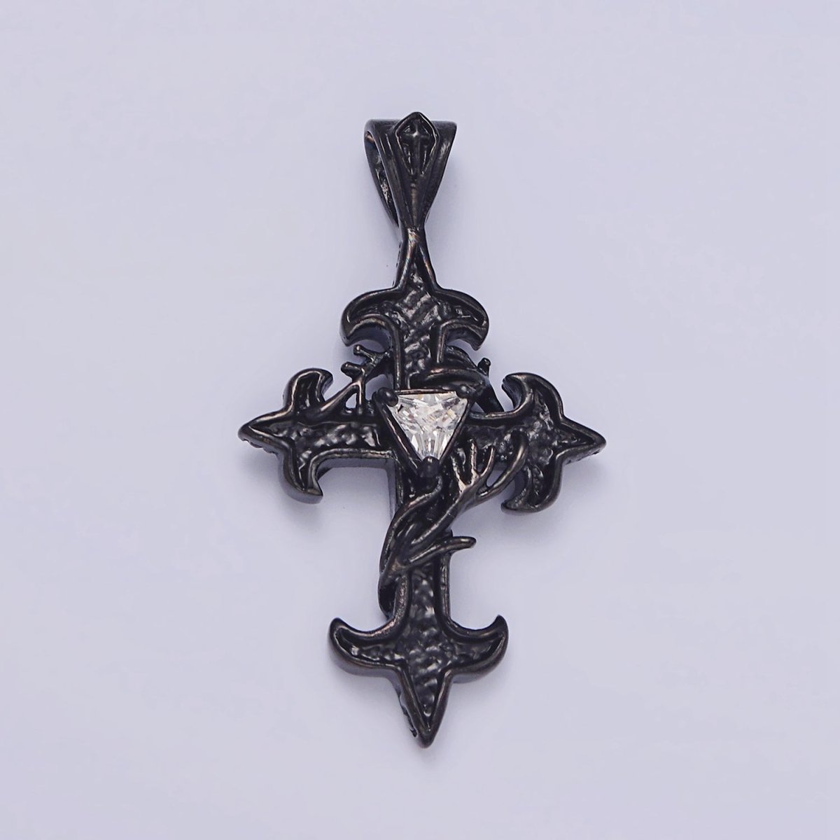 Stainless Steel Clear CZ Triangle Vine Wrapped Sharp Fleury Cross Black Pendant | P-809