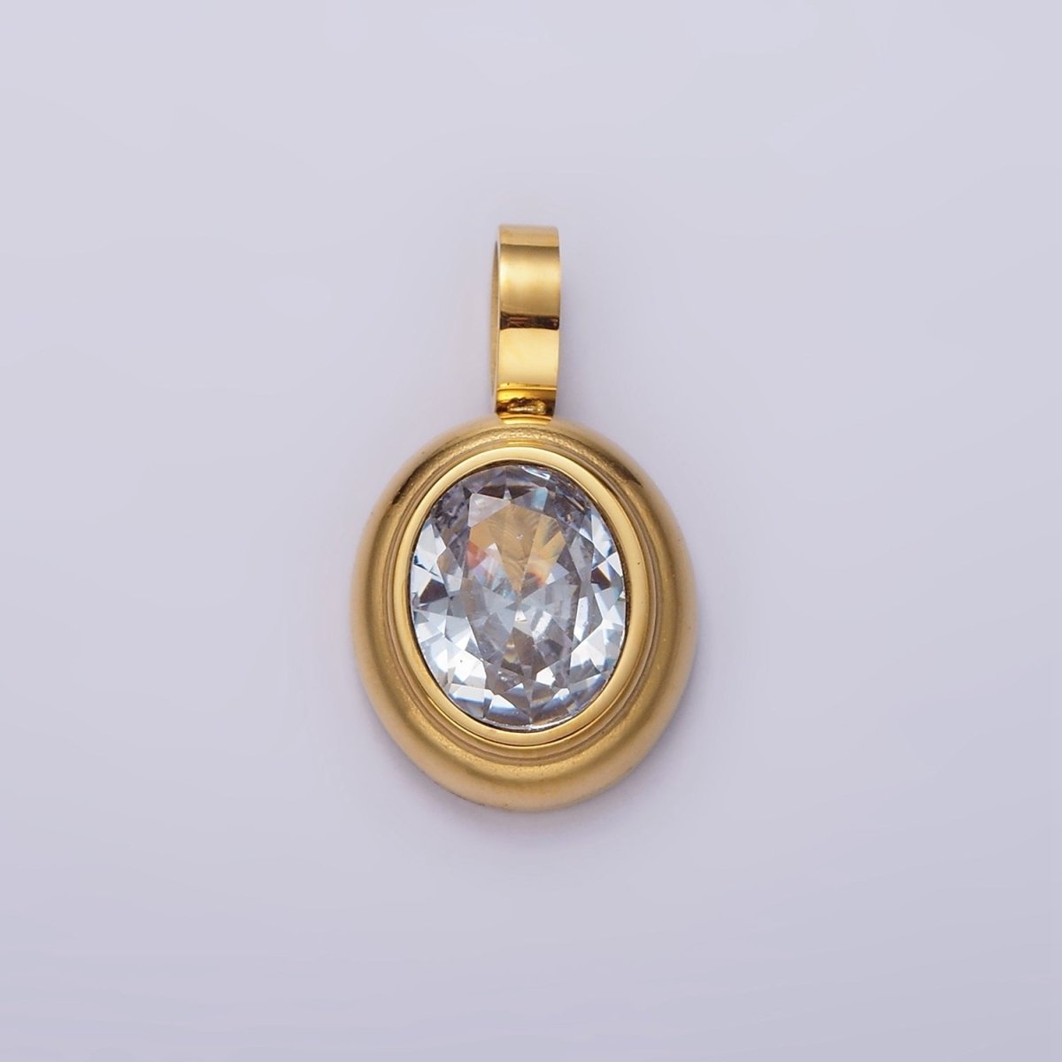 Stainless Steel Clear, Green, Red, Pink Multifaceted CZ Oval Pendant | P-839~P-840
