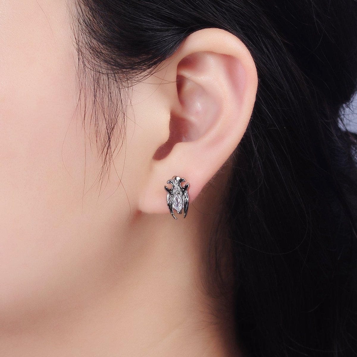 Stainless Steel Clear Marquise CZ Artisan Bat Wings Stud Earrings | AE694