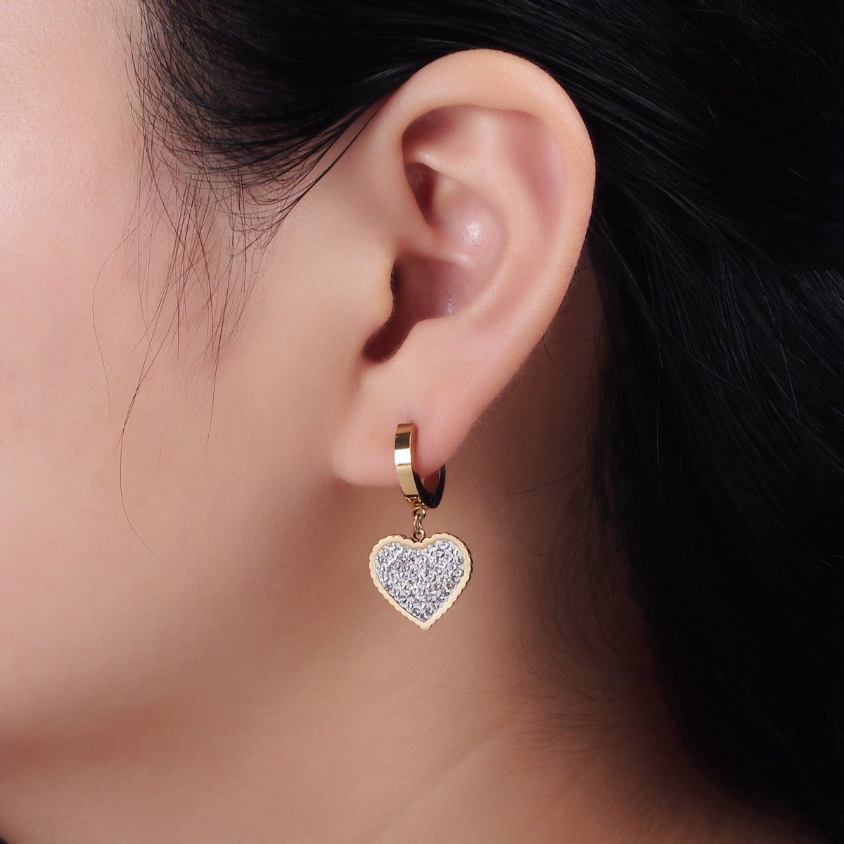 Stainless Steel Clear Micro Paved CZ Heart Drop Huggie Earrings | AE873