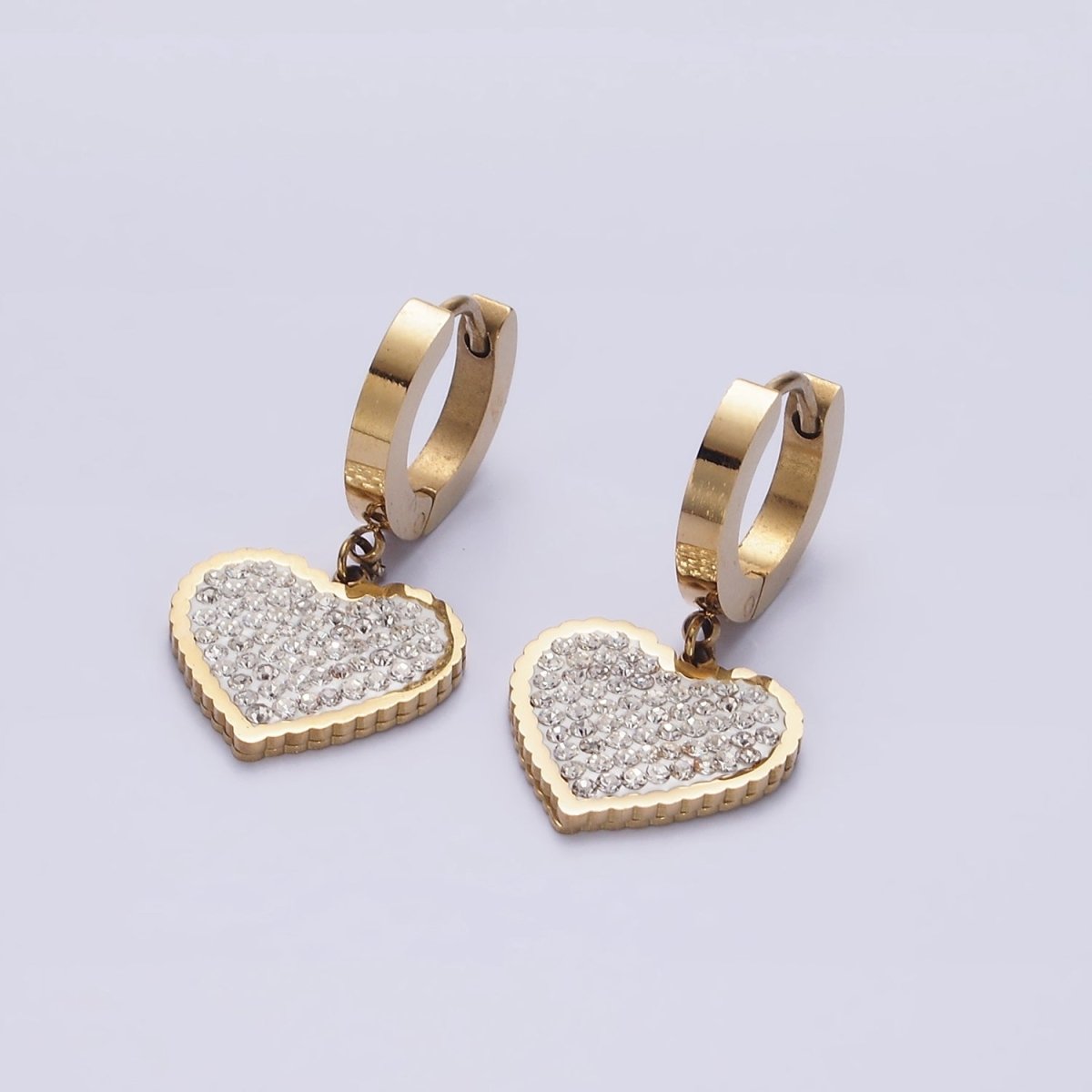 Stainless Steel Clear Micro Paved CZ Heart Drop Huggie Earrings | AE873