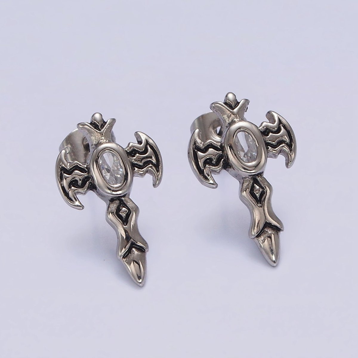 Stainless Steel Clear Oval CZ Artisan Cross Bat Wings Stud Earrings | AE693