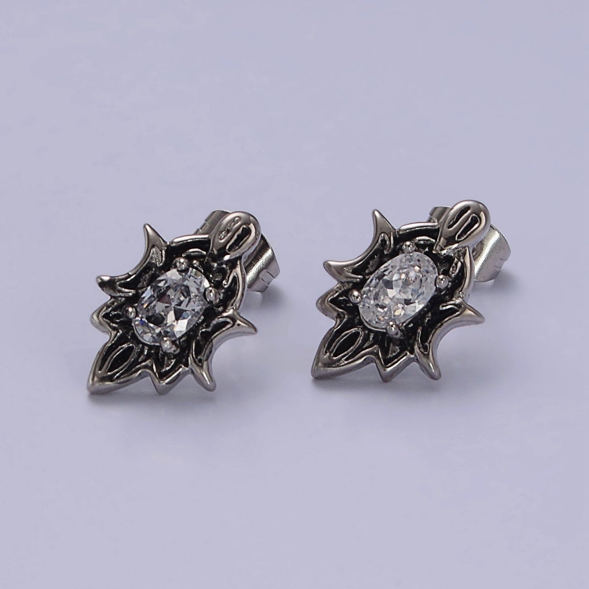 Stainless Steel Clear Oval CZ Double Celestial Crescent Moon Stud Earrings | AE692