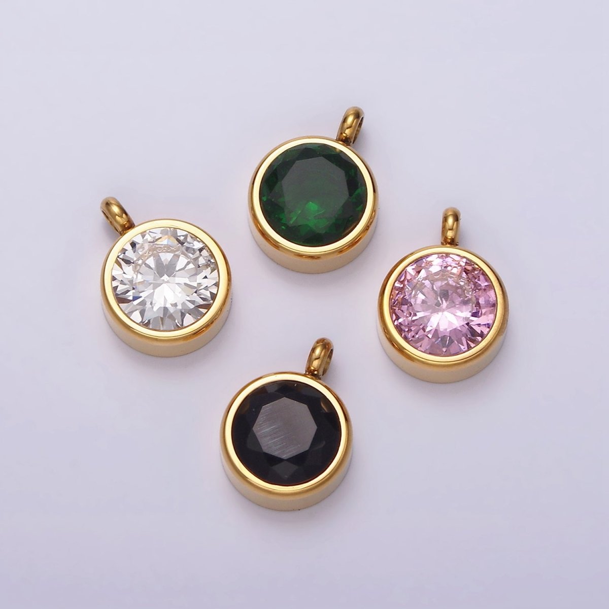 Stainless Steel Clear, Pink, Black, Green CZ Round Bezel Minimalist Charm | P-641 ~ P-644