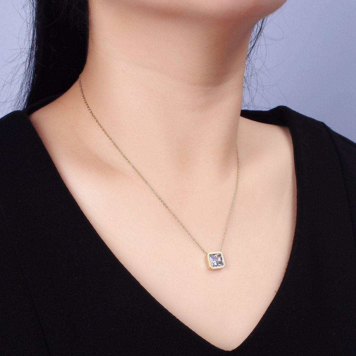 Stainless Steel Clear Square CZ 17 Inch Cable Chain Necklace | WA-2084 Clearance Pricing