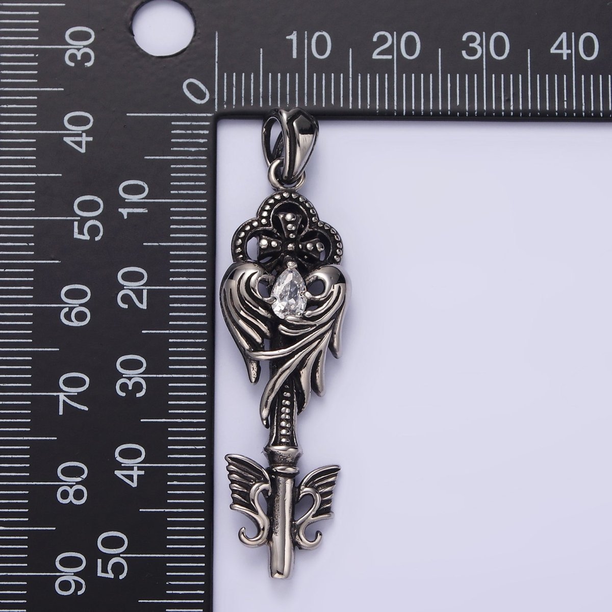 Stainless Steel Clear Teardrop CZ Wings Beaded Pattee Quatrefoil Key Pendant | P-743
