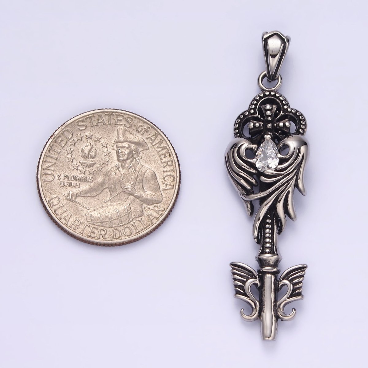 Stainless Steel Clear Teardrop CZ Wings Beaded Pattee Quatrefoil Key Pendant | P-743