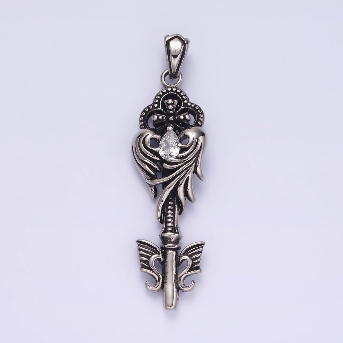 Stainless Steel Clear Teardrop CZ Wings Beaded Pattee Quatrefoil Key Pendant | P-743