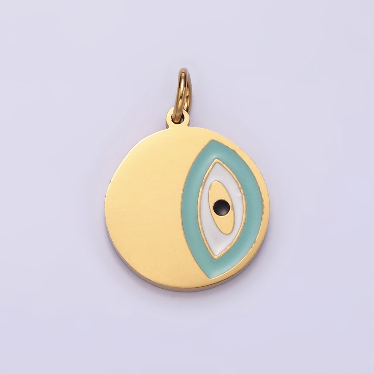 Stainless Steel Coin Charm Evil Eye Pendant Teal Enamel Medallion Charm | P-656