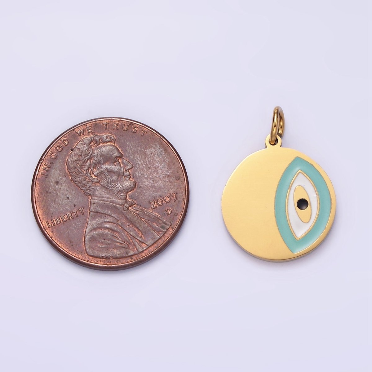 Stainless Steel Coin Charm Evil Eye Pendant Teal Enamel Medallion Charm | P-656