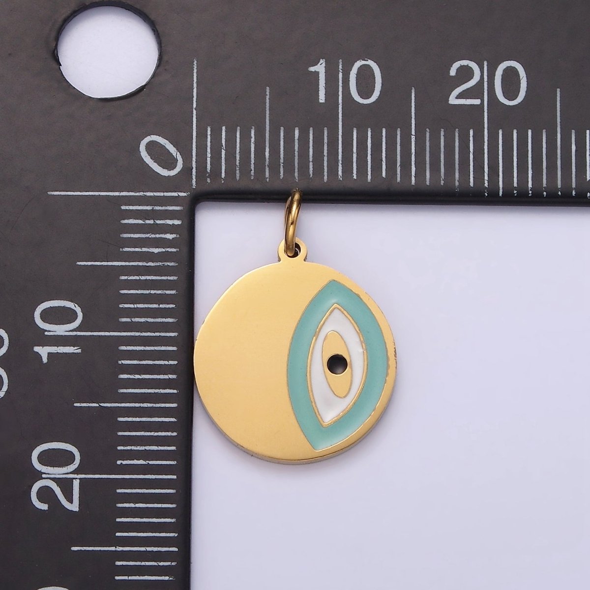 Stainless Steel Coin Charm Evil Eye Pendant Teal Enamel Medallion Charm | P-656