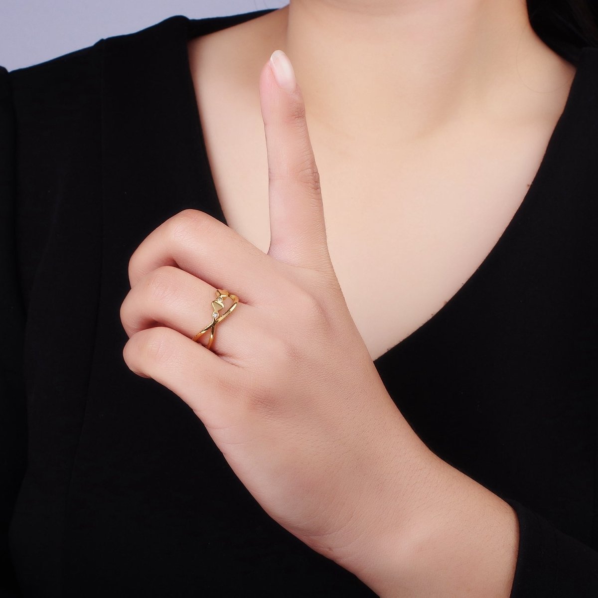 Stainless Steel CZ Dotted X Crossed Double Band Ring | O1292