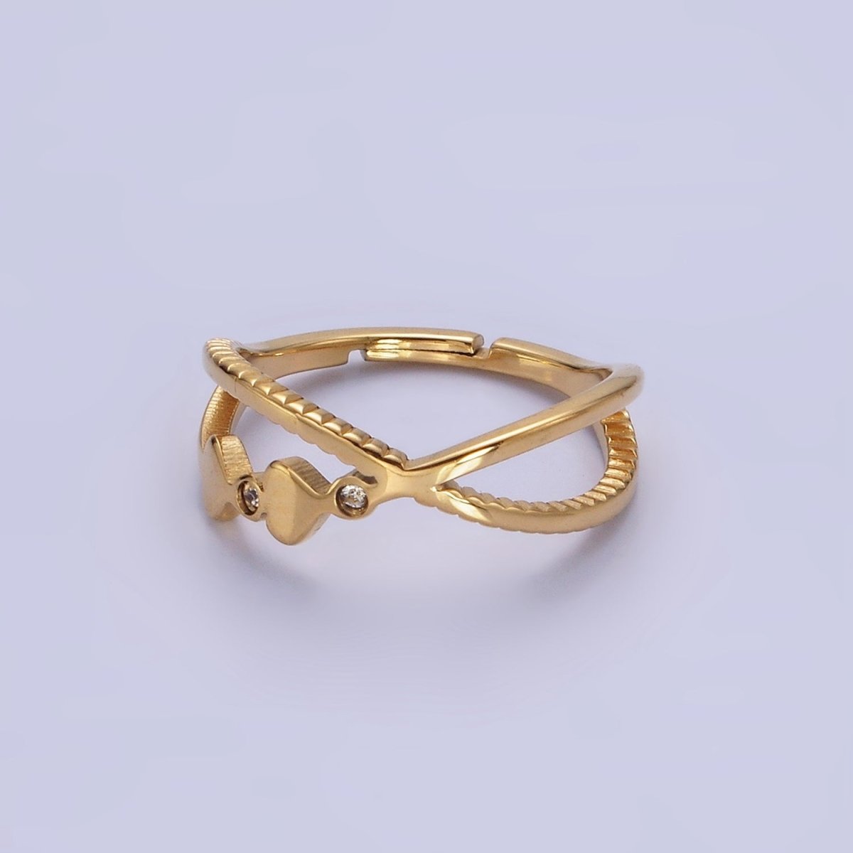 Stainless Steel CZ Dotted X Crossed Double Band Ring | O1292