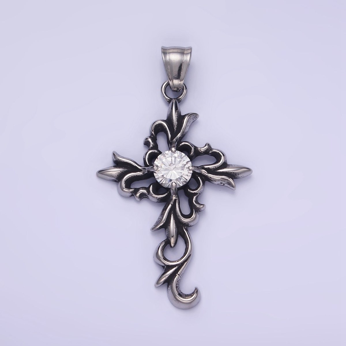Stainless Steel CZ Elaborate Artisan Cross Oxidized Silver Pendant | P1422