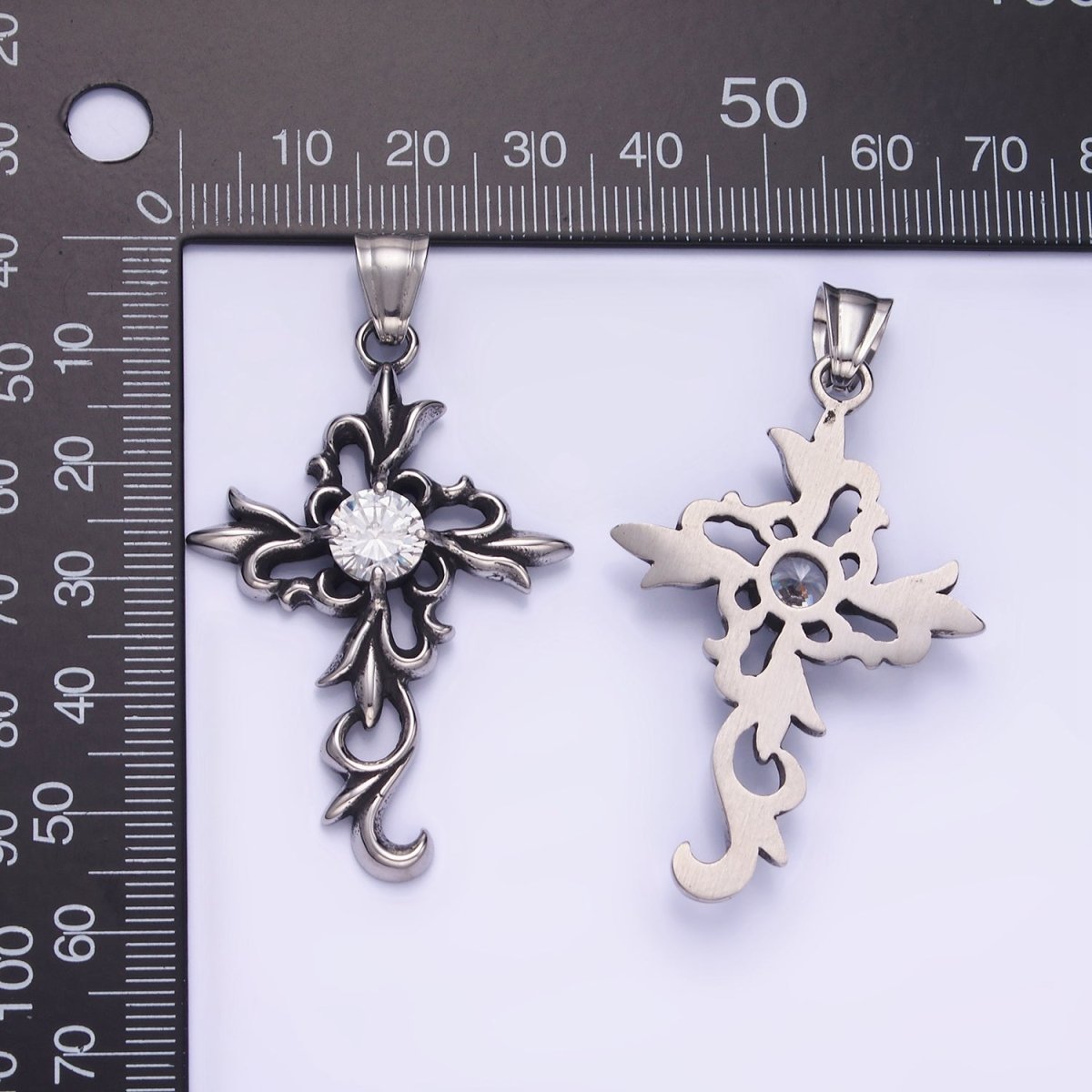 Stainless Steel CZ Elaborate Artisan Cross Oxidized Silver Pendant | P1422