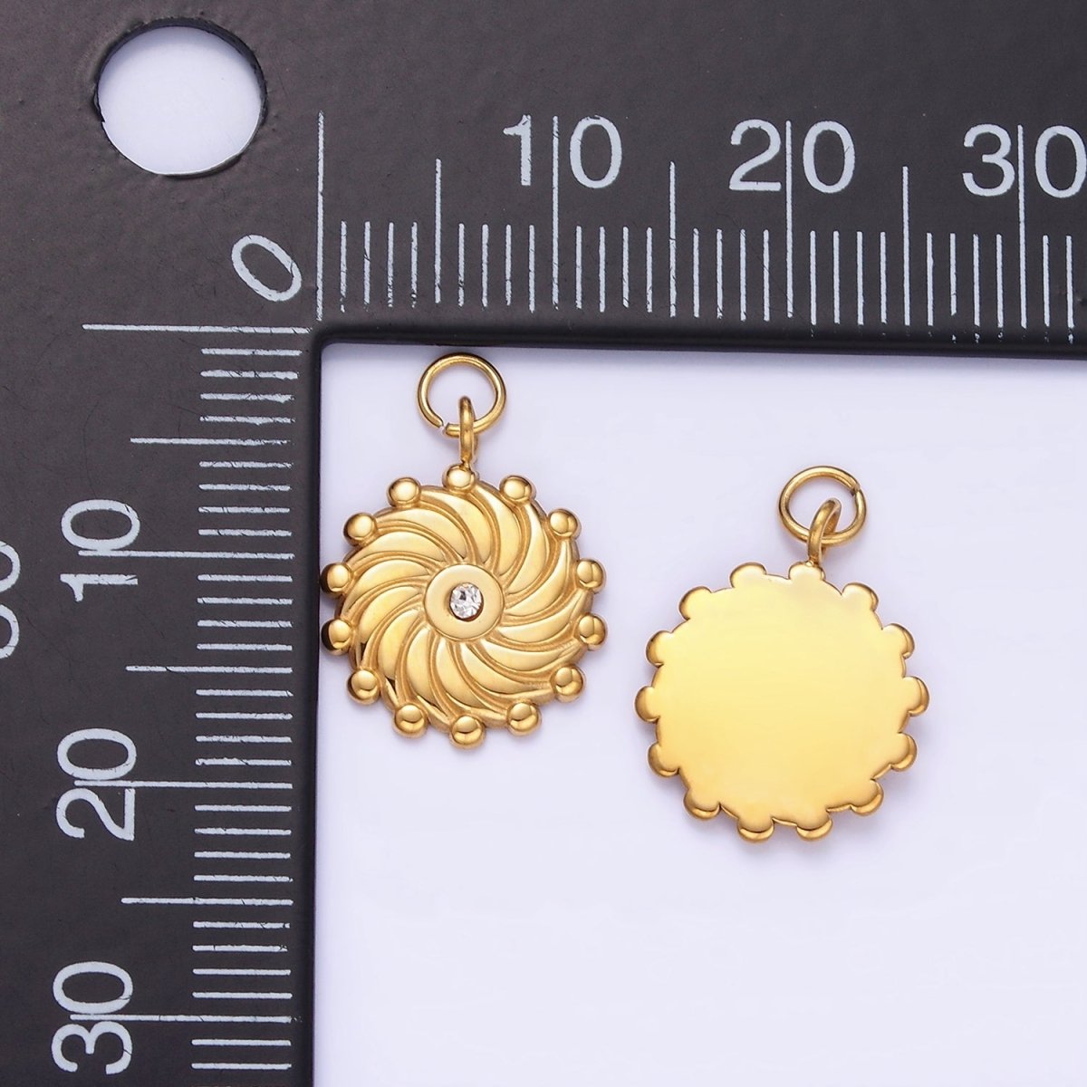 Stainless Steel CZ Lined Spiral Dotted Round Charm | P963