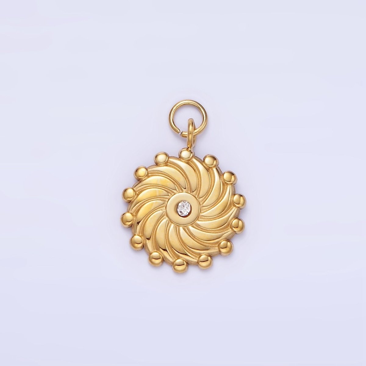 Stainless Steel CZ Lined Spiral Dotted Round Charm | P963