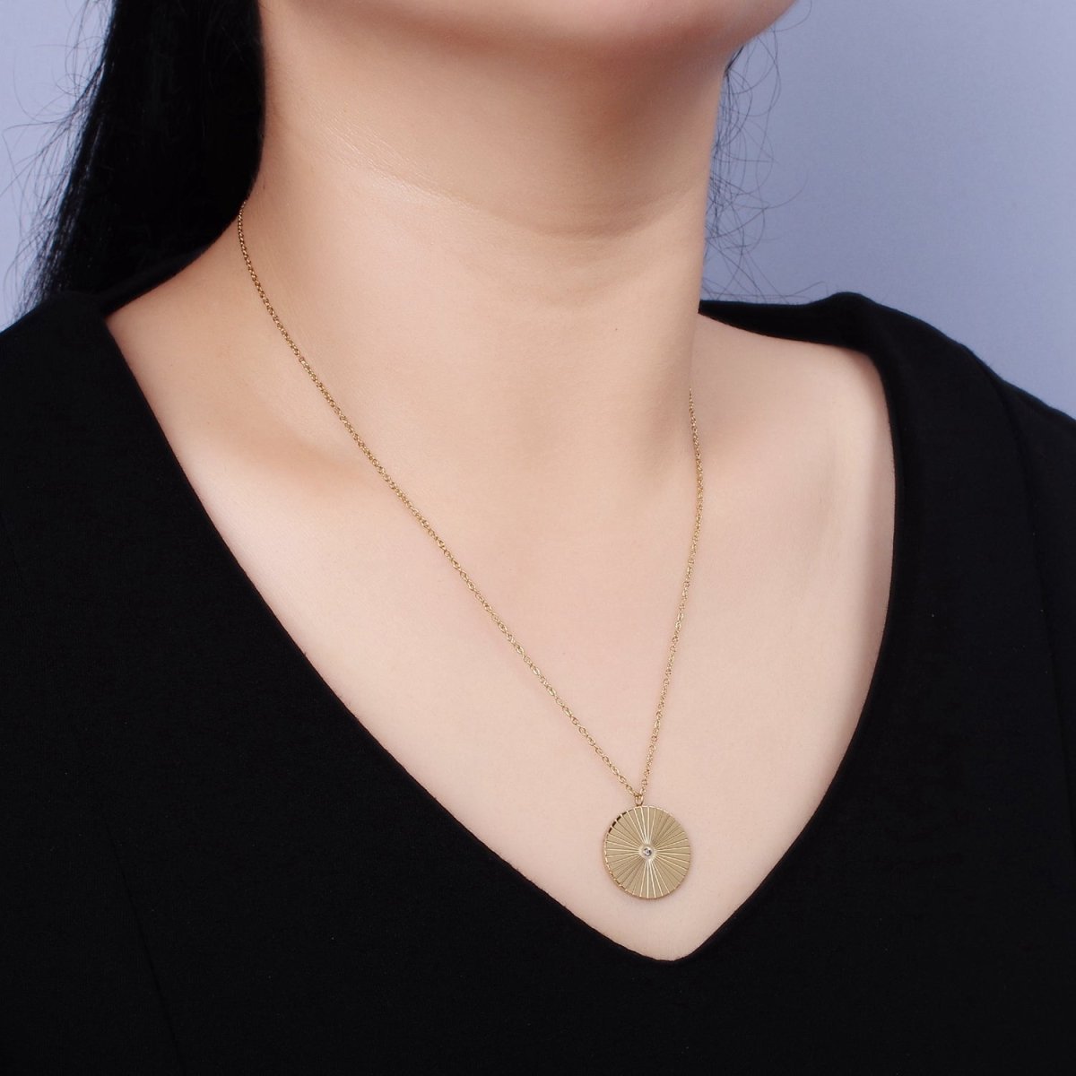 Stainless Steel CZ Lined Sunburst Round Charm 20 Inch Cable Chain Layering Necklace | WA-2036 Clearance Pricing