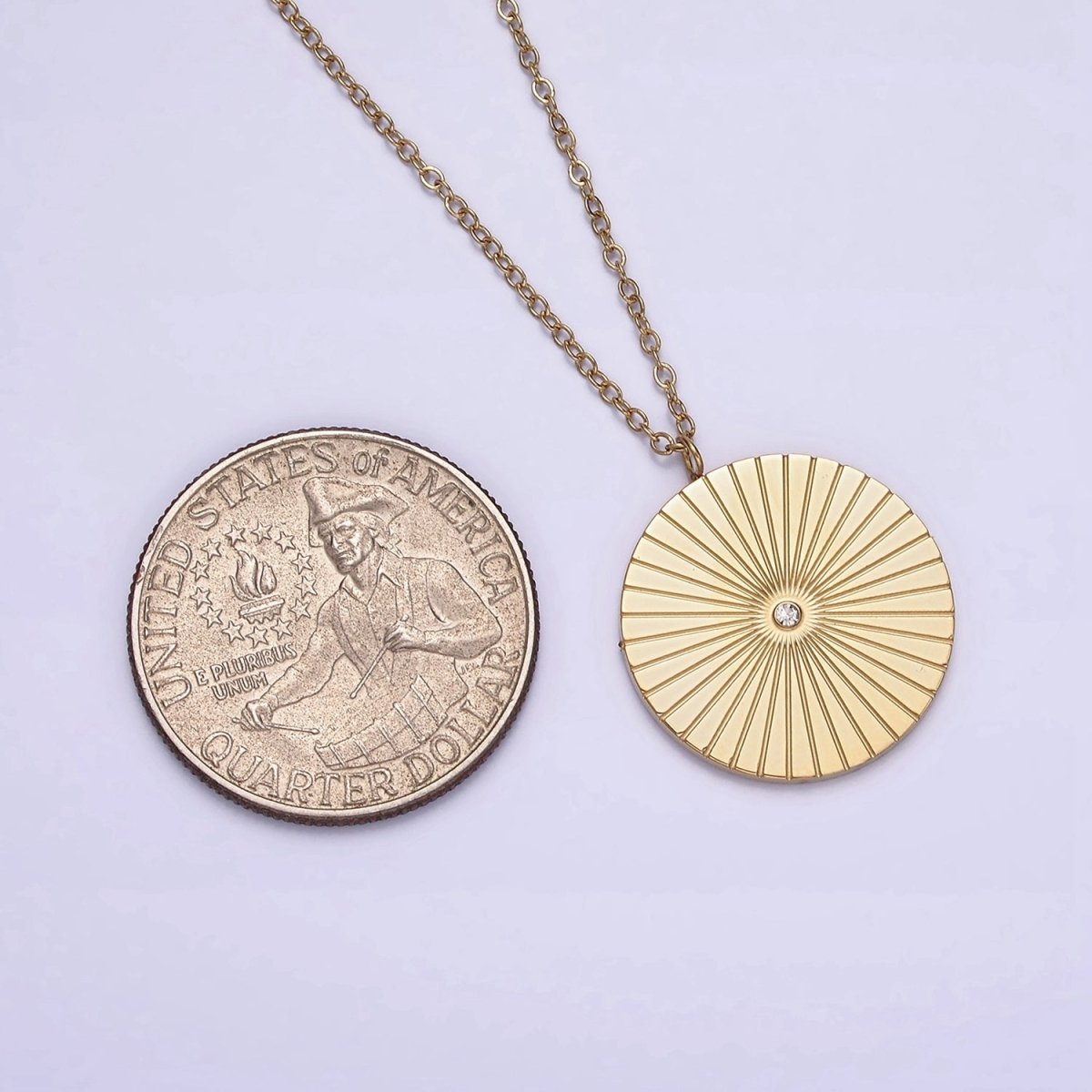 Stainless Steel CZ Lined Sunburst Round Charm 20 Inch Cable Chain Layering Necklace | WA-2036 Clearance Pricing