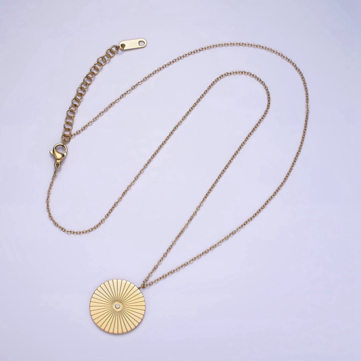 Stainless Steel CZ Lined Sunburst Round Charm 20 Inch Cable Chain Layering Necklace | WA-2036 Clearance Pricing
